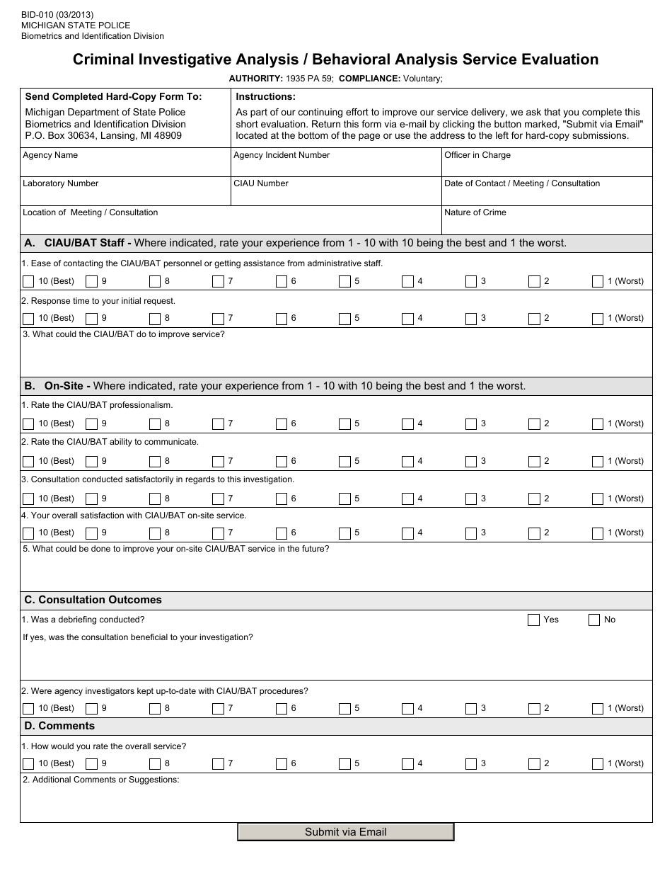 Form BID-010 Criminal Investigative Analysis / Behavioral Analysis Service Evaluation - Michigan, Page 1