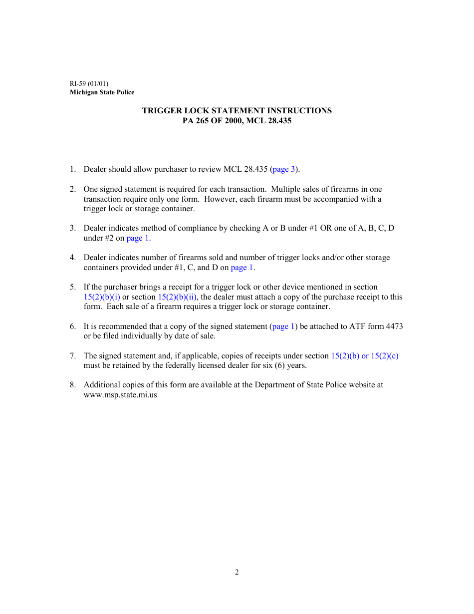 Form RI-59 Trigger Lock Statement - Michigan, Page 2