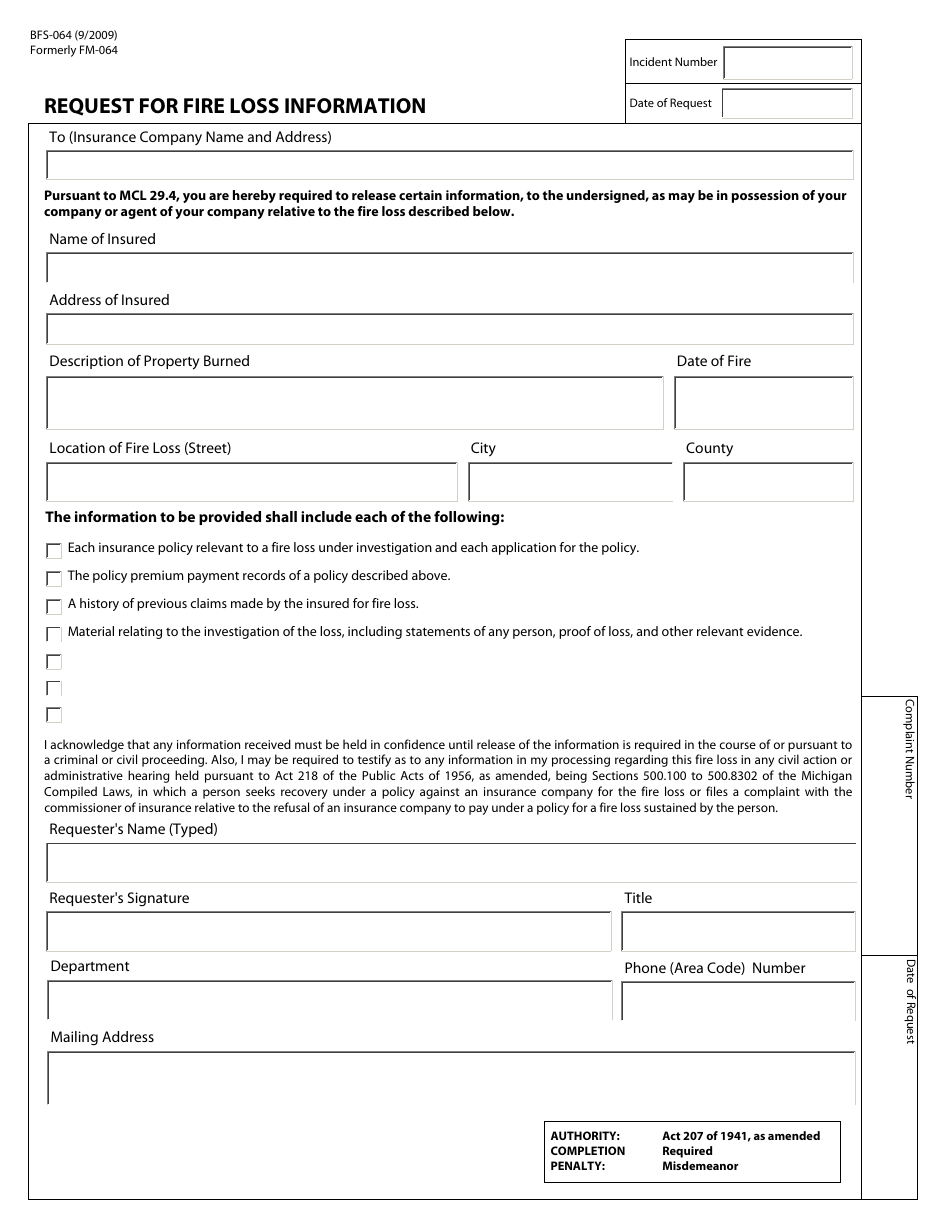Form BFS-064 Request for Fire Loss Information - Michigan, Page 1