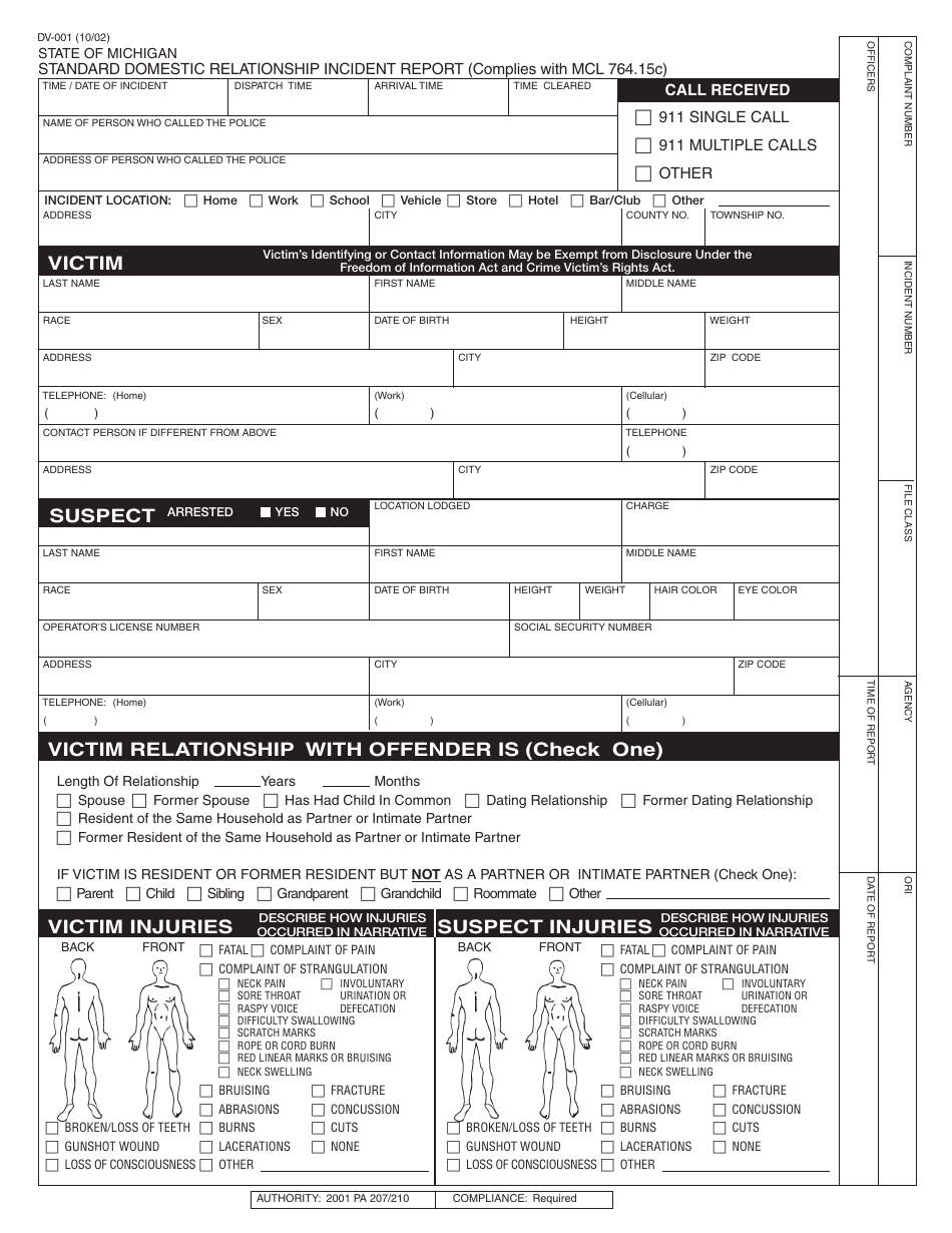 Form DV-001 Standard Domestic Relationship Incident Report - Michigan, Page 1