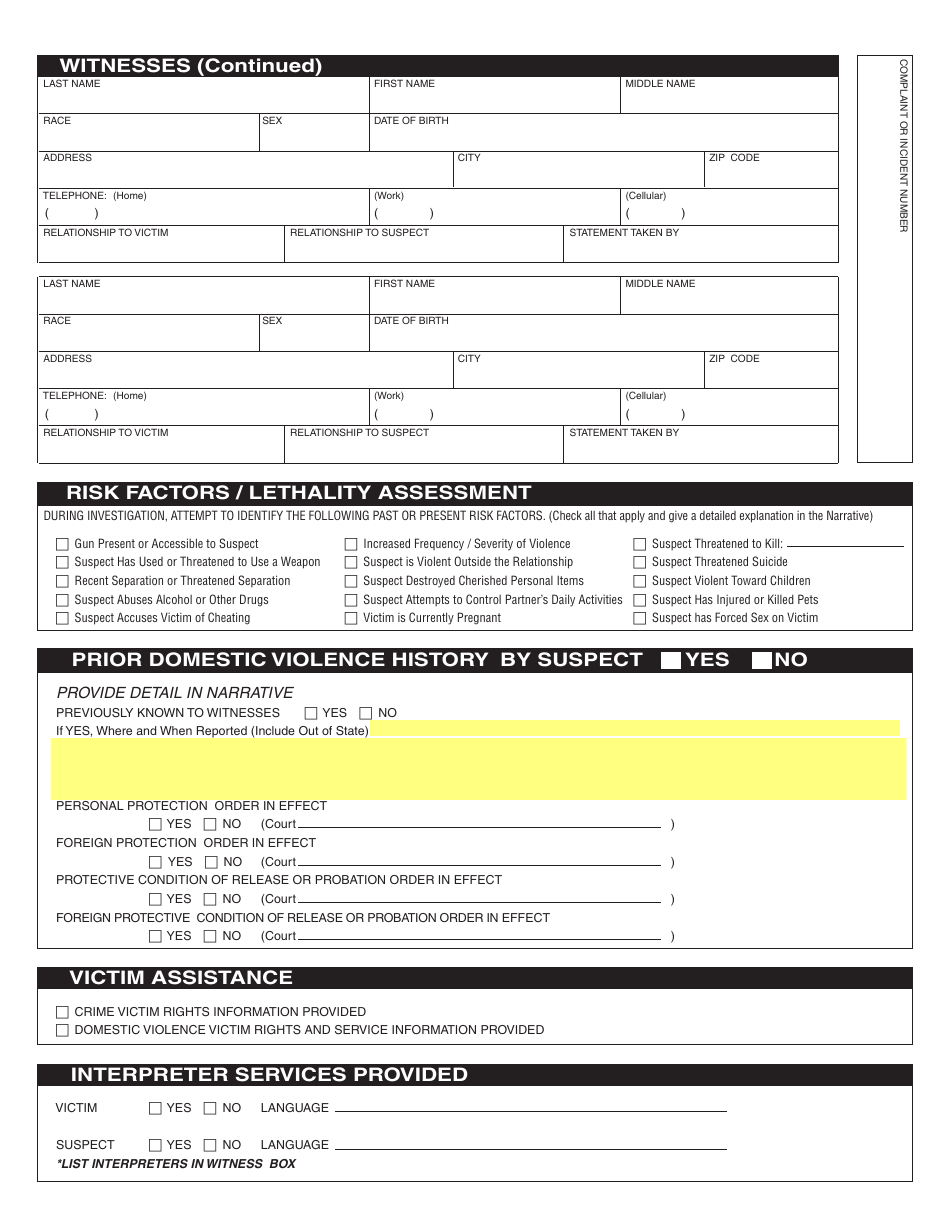 Form DV-001 Standard Domestic Relationship Incident Report - Michigan, Page 3