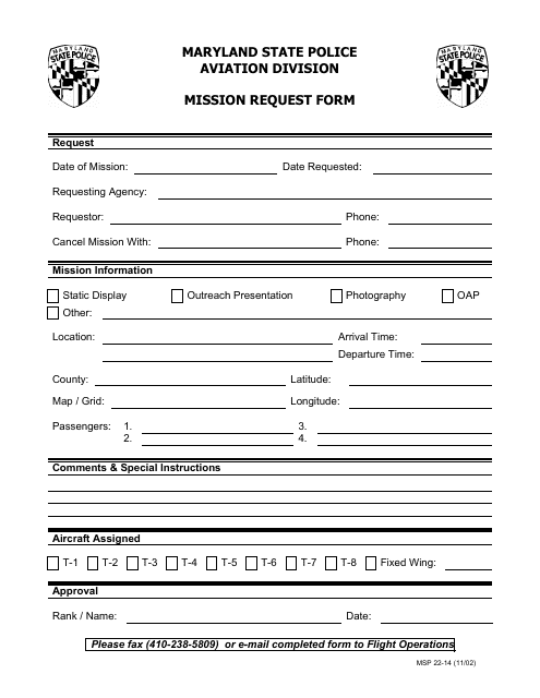 Form MSP22-14 Mission Request Form - Maryland