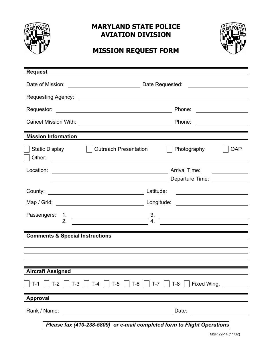 Form MSP22-14 Mission Request Form - Maryland, Page 1