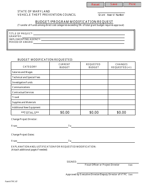Form VTPC-07 Budget/ Program Modification Request - Maryland