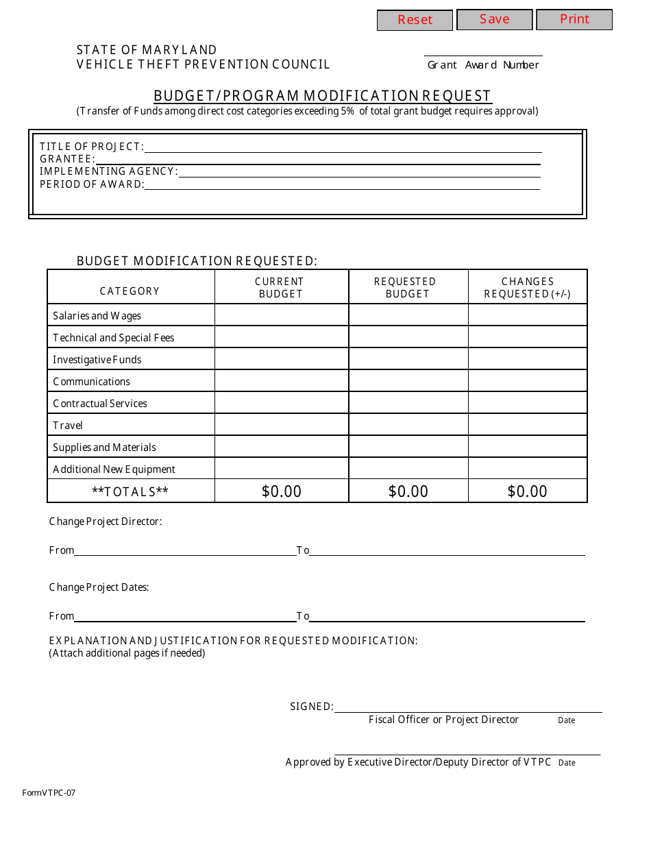Form VTPC-07 Budget / Program Modification Request - Maryland, Page 1