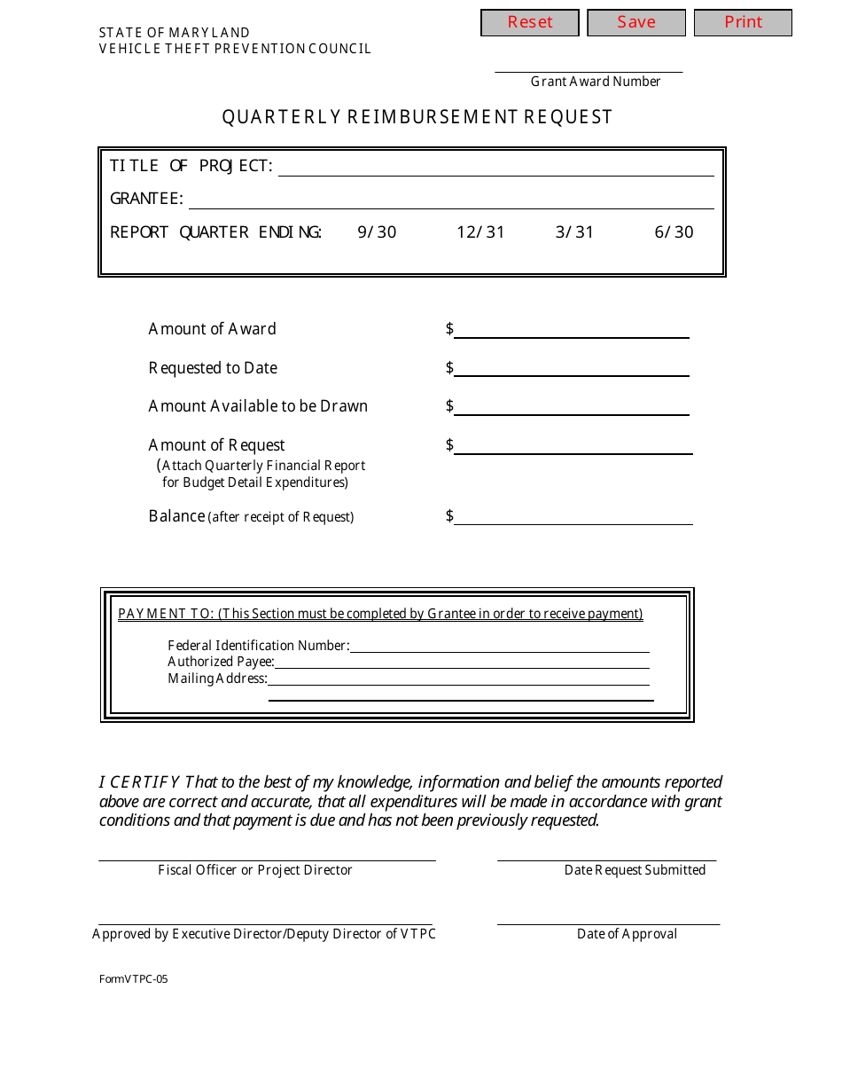 Form VTPC-05 Quarterly Reimbursement Request - Maryland, Page 1