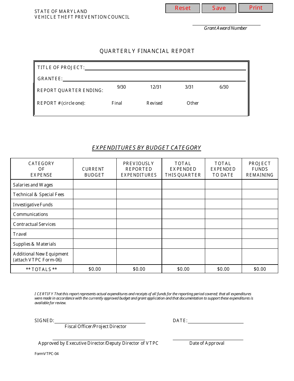 Form VTPC-04 Quarterly Financial Report - Maryland, Page 1