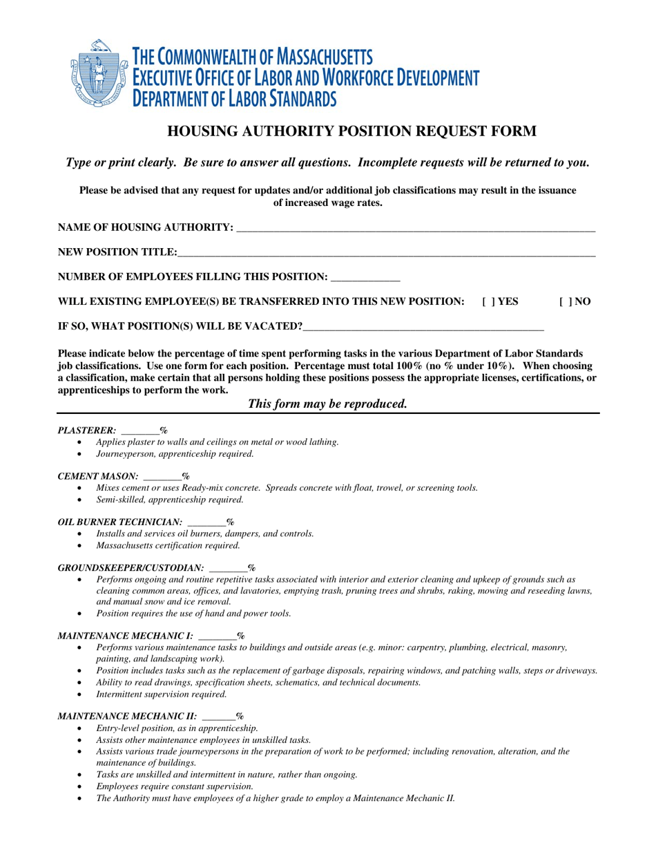 Massachusetts Housing Authority Position Request Form Download Printable PDF Templateroller