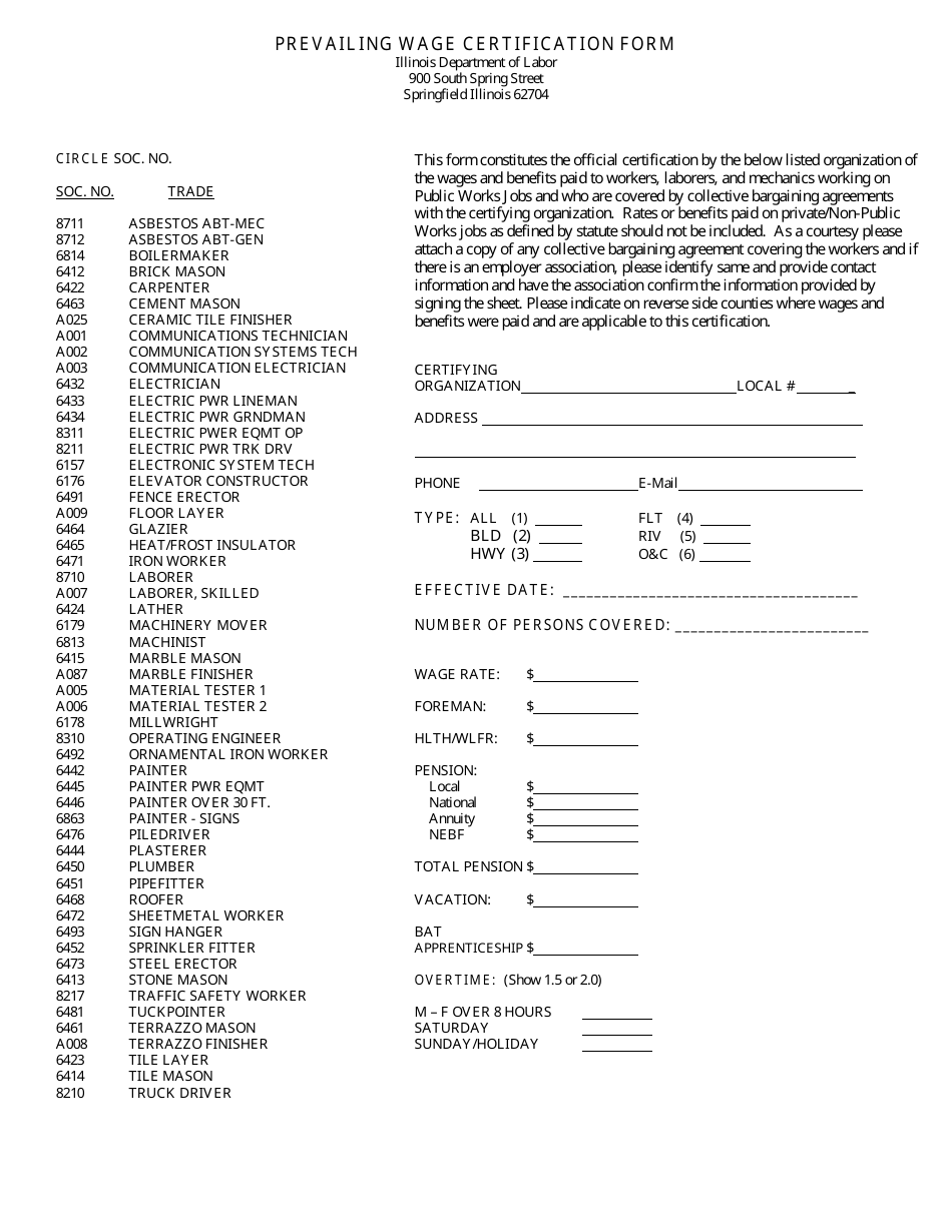 Prevailing Wage Certification Form - Illinois, Page 1