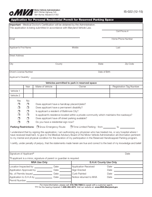 Form IS-022 Application for Personal Residential Permit for Reserved Parking Space - Maryland