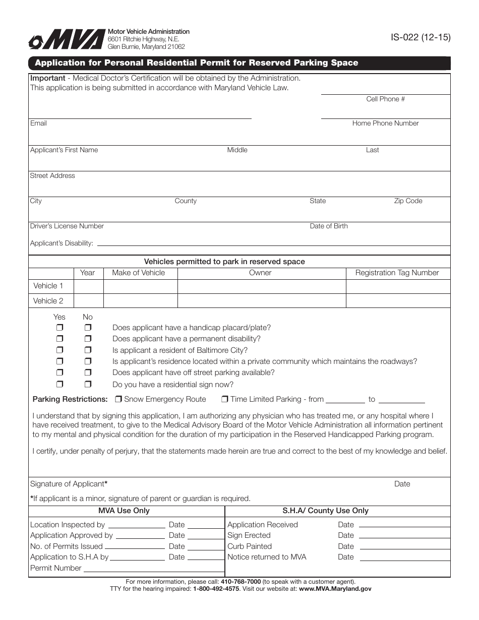 Form IS-022 Application for Personal Residential Permit for Reserved Parking Space - Maryland, Page 1