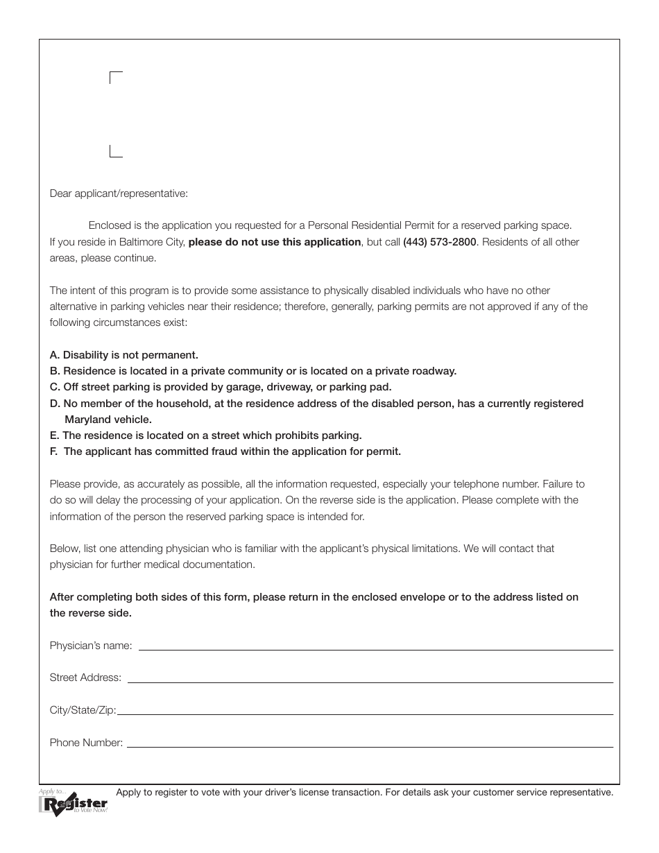 Form IS-022 Application for Personal Residential Permit for Reserved Parking Space - Maryland, Page 2