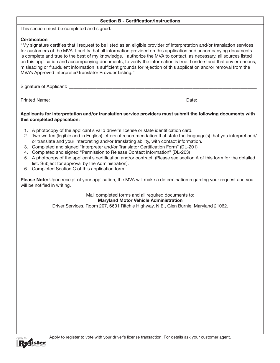 Form DL-200 Application to Provide Interpretation and / or Translation Services - Maryland, Page 2