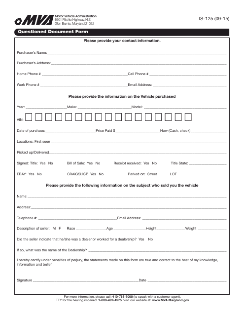 Form IS-125 Questioned Document Form - Maryland
