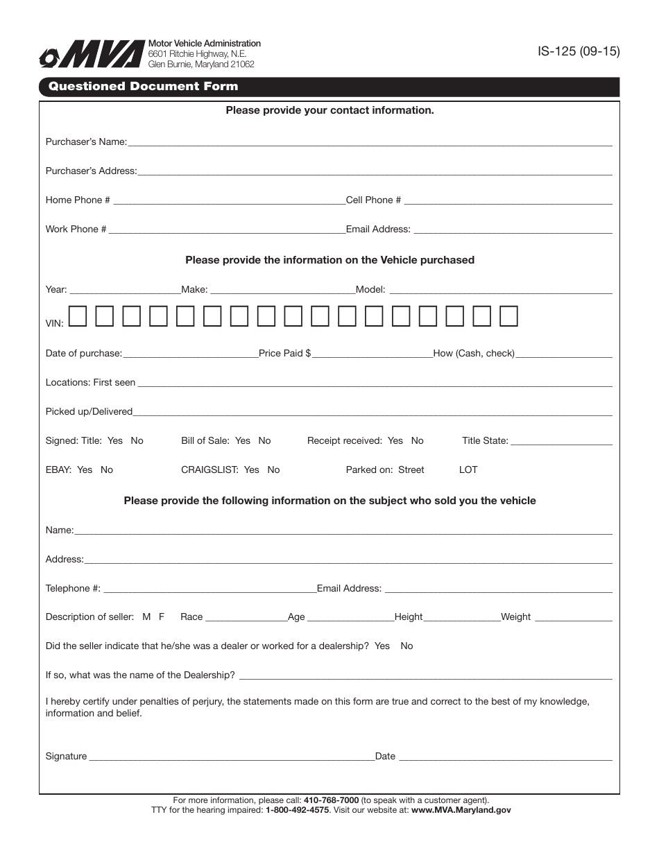 Form IS-125 Questioned Document Form - Maryland, Page 1