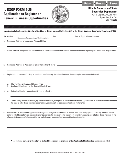 IL BSOP Form 5-25 Application to Register or Renew Business Opportunities - Illinois