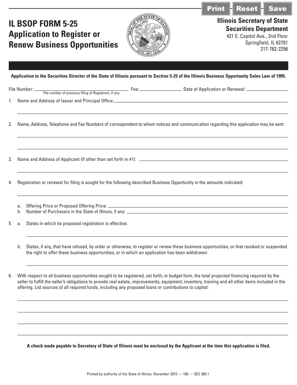 IL BSOP Form 5-25 Application to Register or Renew Business Opportunities - Illinois, Page 1