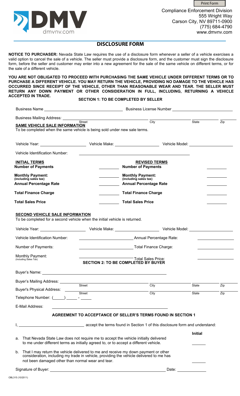 Form OBL315 Disclosure Form - Nevada, Page 1
