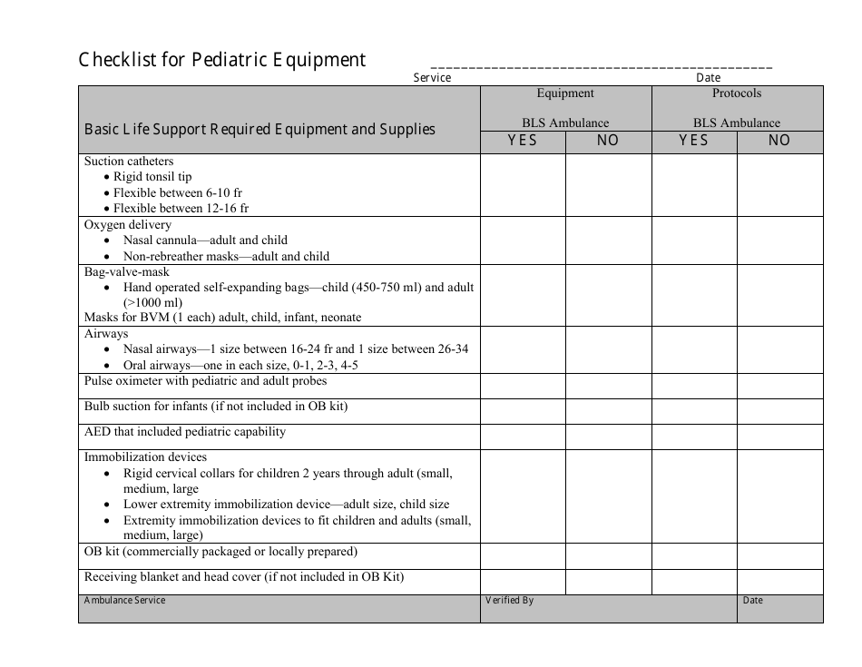 Checklist for Pediatric Equipment - Missouri, Page 1