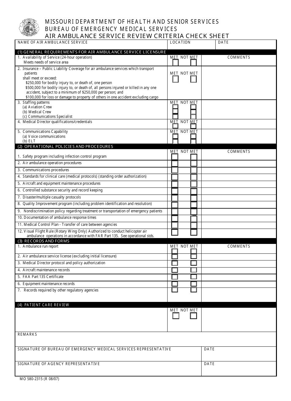 Form MO580-2315 Air Ambulance Service Review Criteria Check Sheet - Missouri, Page 1