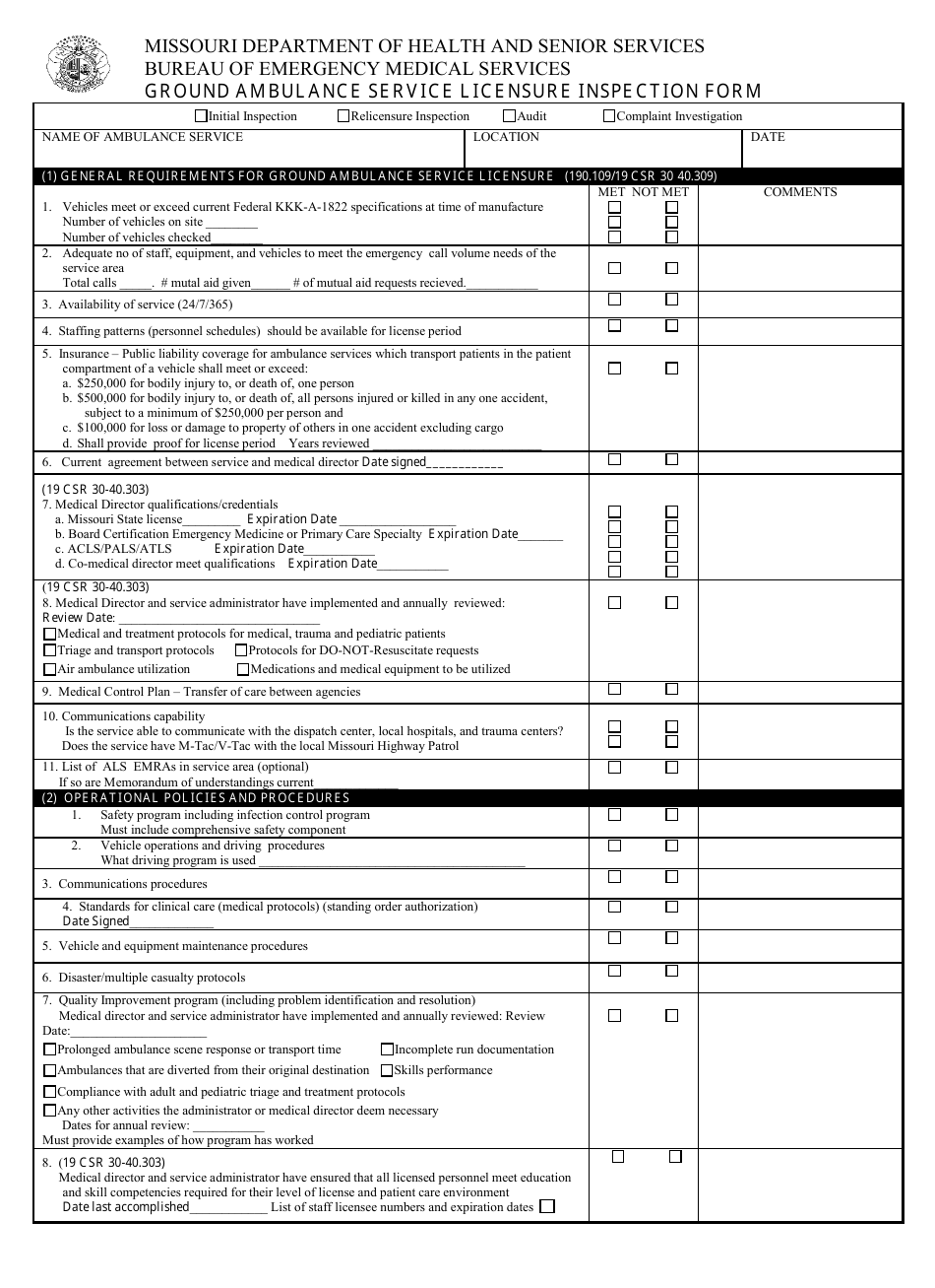 Form MO580-2314 Ground Ambulance Service Licensure Inspection Form - Missouri, Page 1