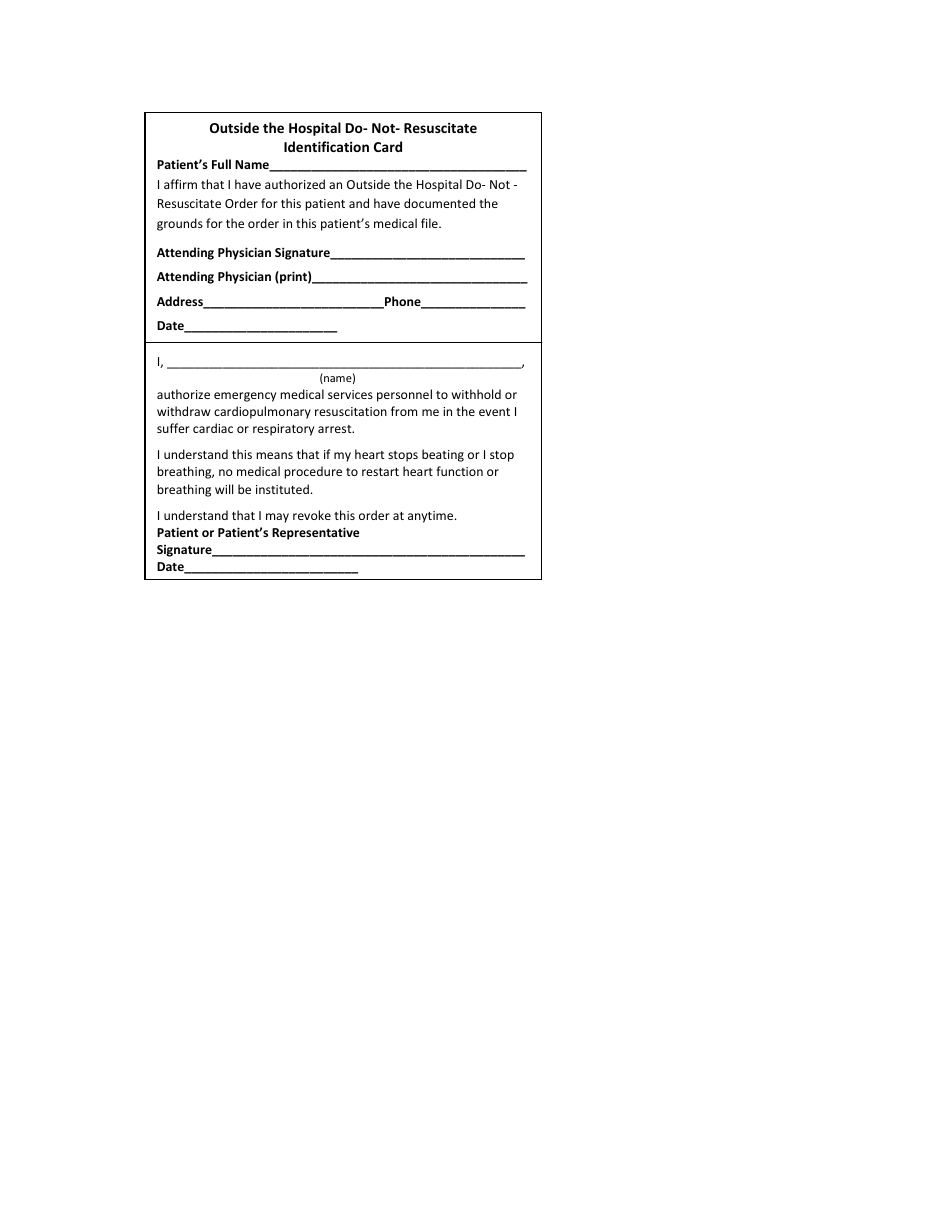 Outside the Hospital Do- Not- Resuscitate Identification Card Form - Missouri, Page 1