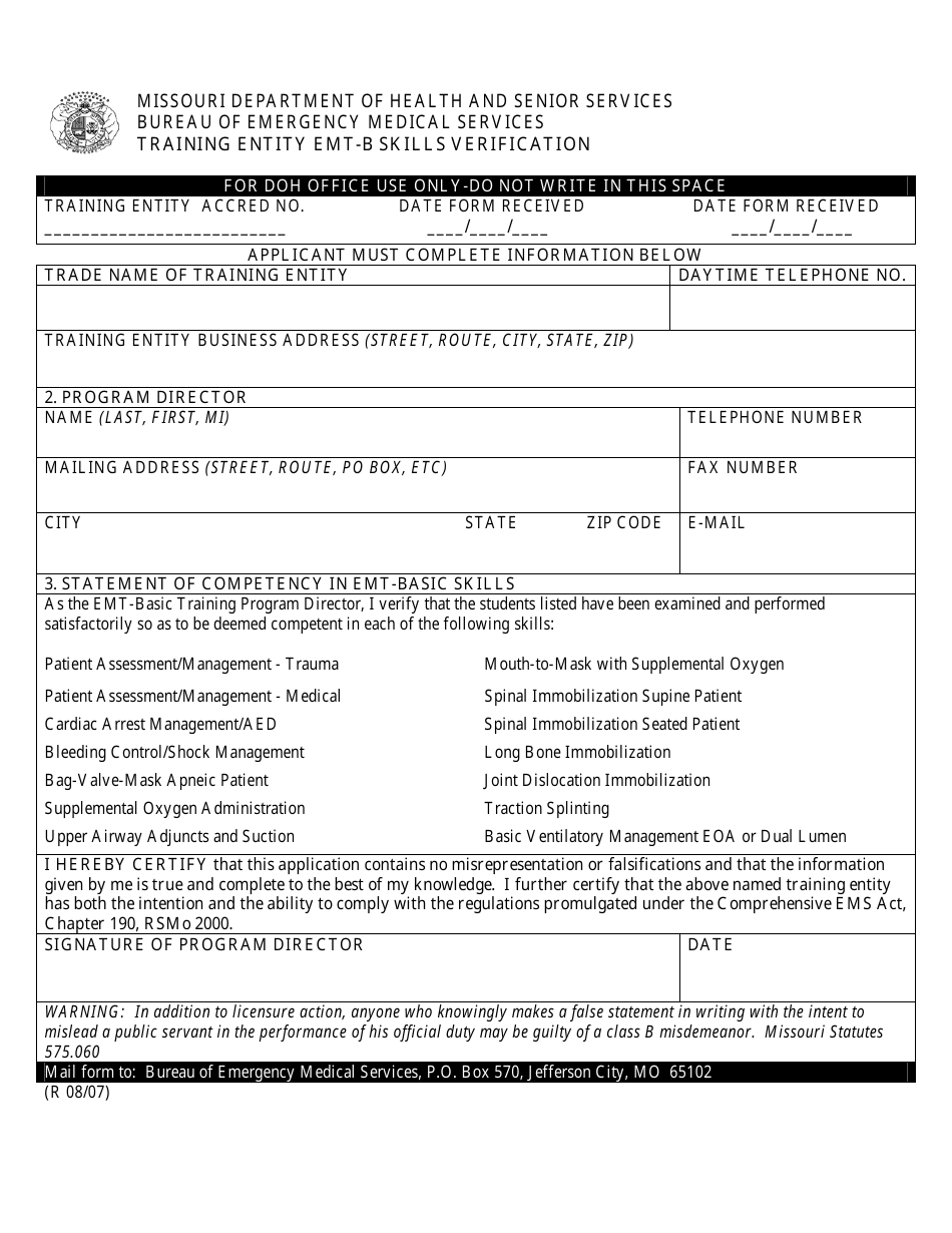 Training Entity Emt-B Skills Verification Form - Missouri, Page 1