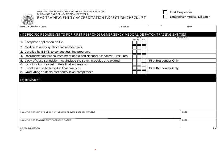 Form MO-580-2406 EMS Training Entity Accreditation Inspection Checklist - Missouri, Page 1