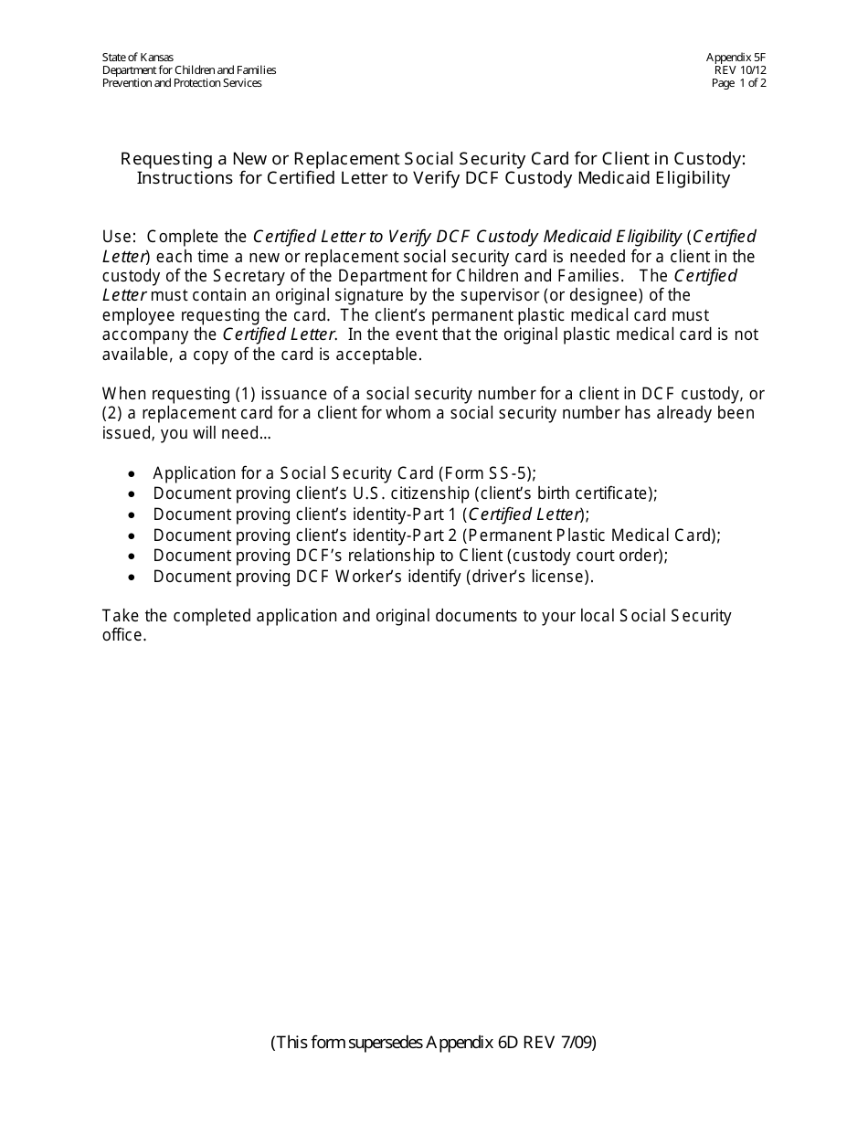 Appendix 5F Certified Letter to Verify Dcf Custody Medicaid Eligibility - Kansas, Page 1