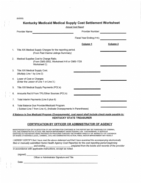 Kentucky Medicaid Medical Supply Cost Settlement Worksheet - Kentucky