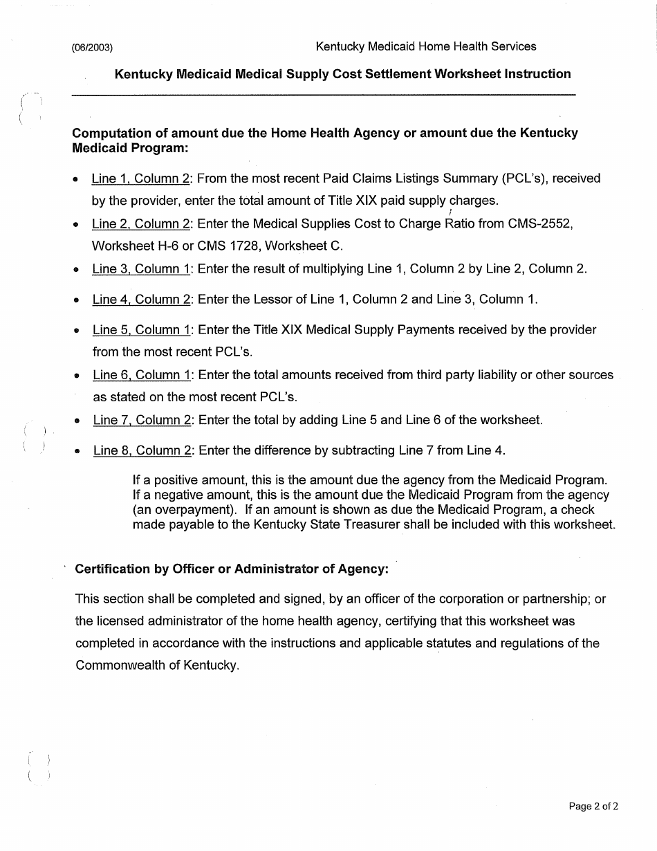 Instructions for Kentucky Medicaid Medical Supply Cost Settlement Worksheet - Kentucky, Page 2