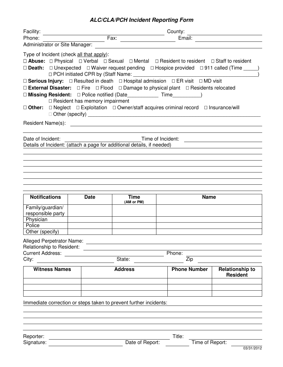 Alc / Cla / Pch Incident Reporting Form - Georgia (United States), Page 1