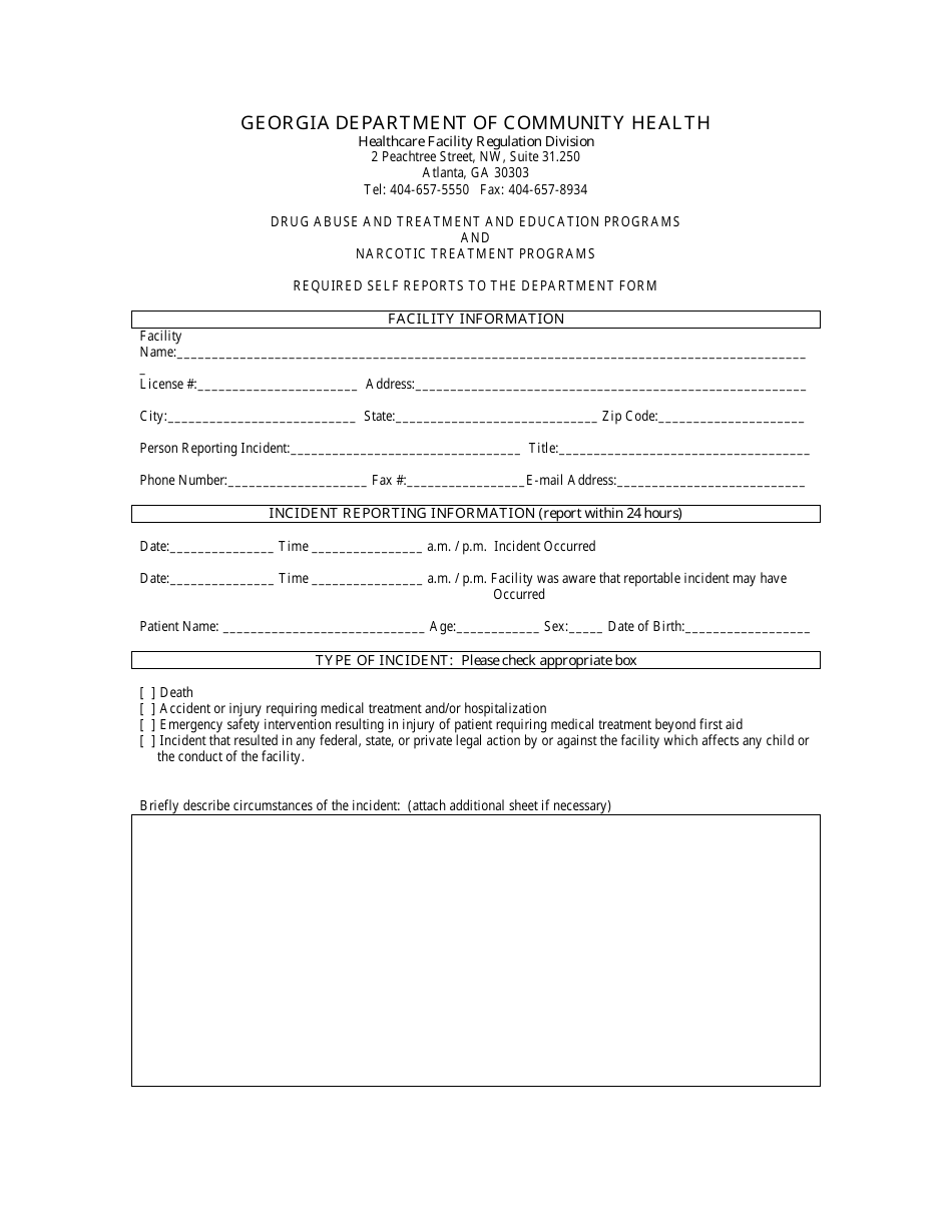 Required Self Reports to the Department Form - Drug Abuse and Treatment and Education Programs and Narcotic Treatment Programs - Georgia (United States), Page 1