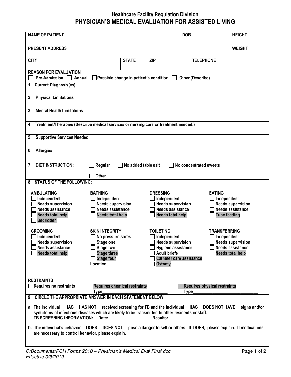 Physicians Medical Evaluation for Assisted Living - Georgia (United States), Page 1