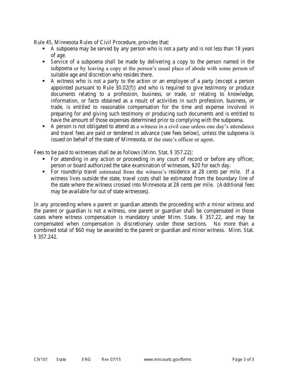 Form CIV101 Subpoena in a Civil Case - Minnesota, Page 3