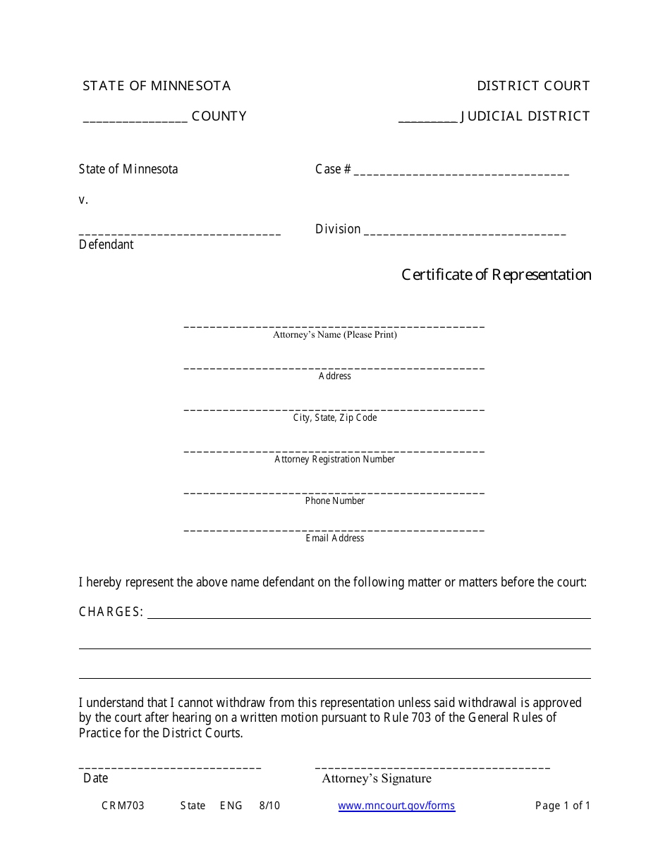 Form CRM703 Certificate of Representation - Minnesota, Page 1