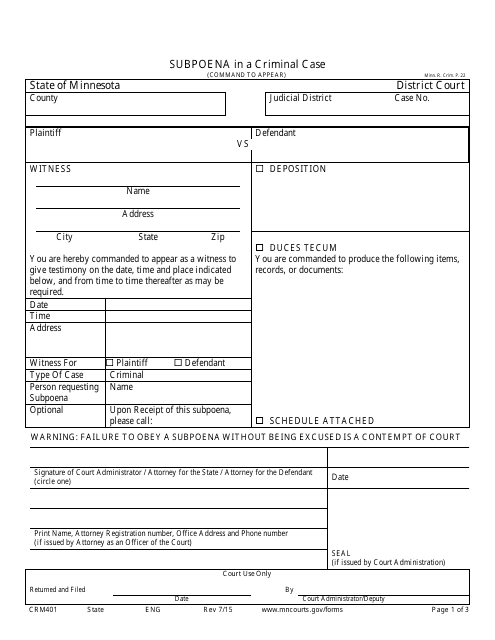 Form CRM401 Subpoena in a Criminal Case - Minnesota