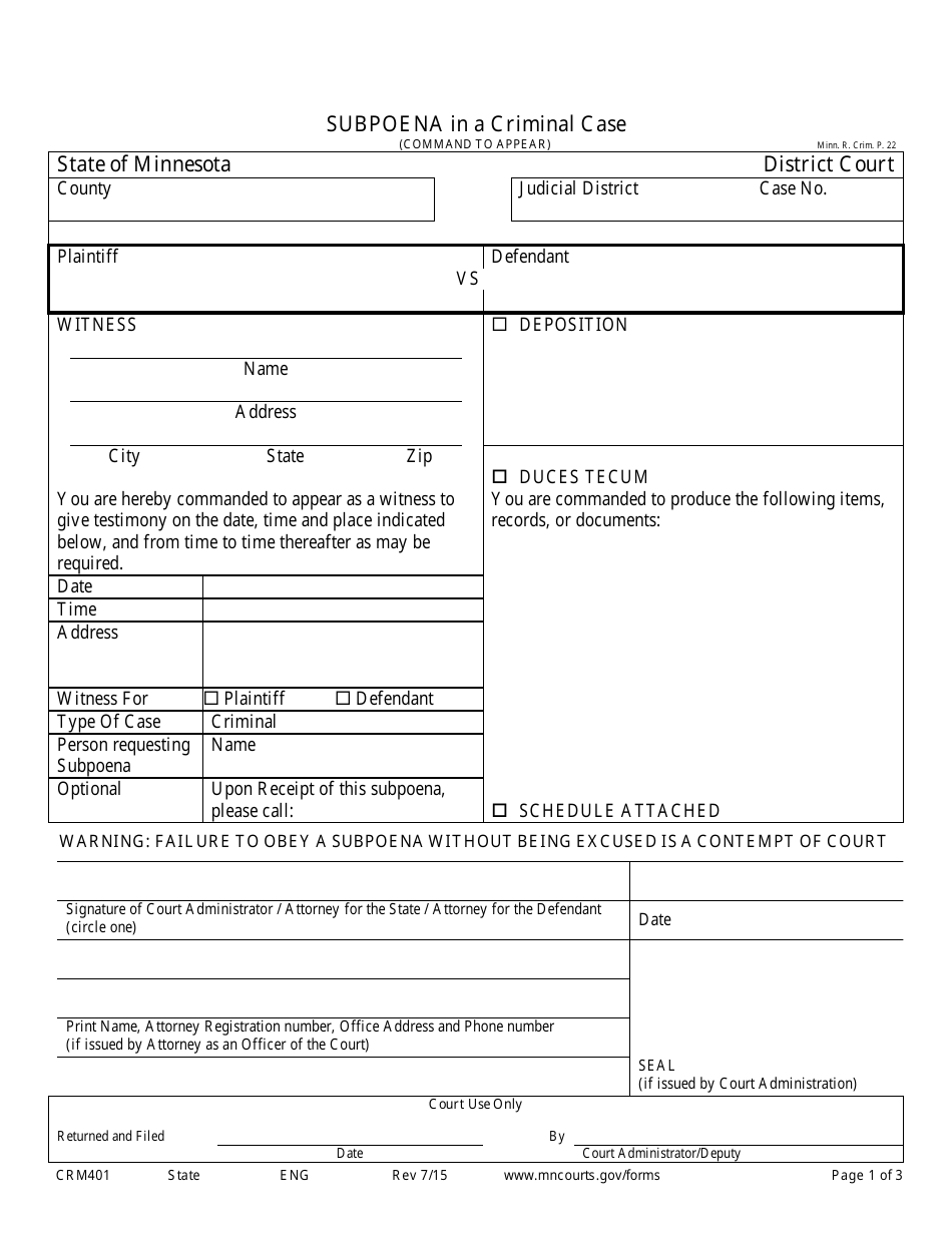 Form CRM401 Subpoena in a Criminal Case - Minnesota, Page 1