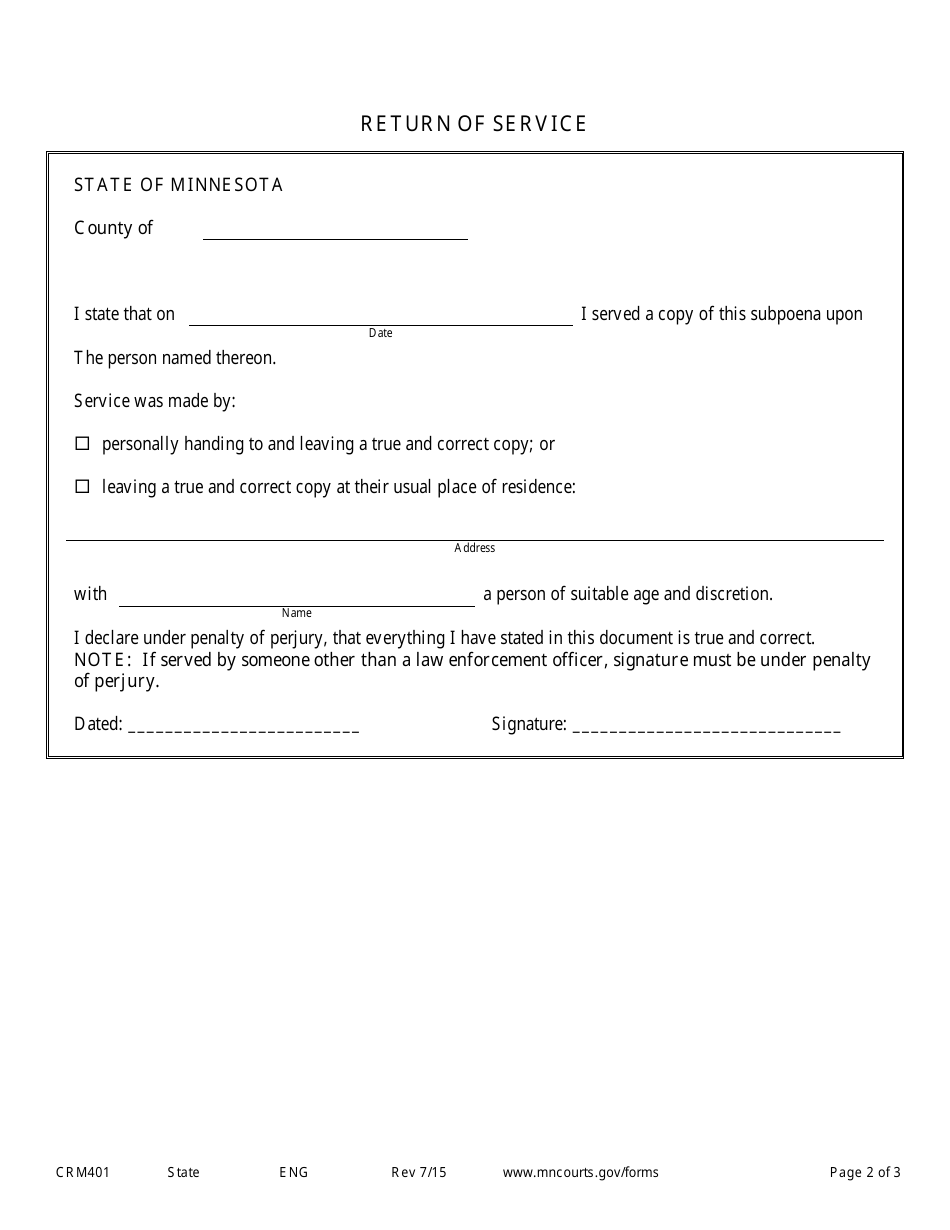 Form CRM401 Subpoena in a Criminal Case - Minnesota, Page 2