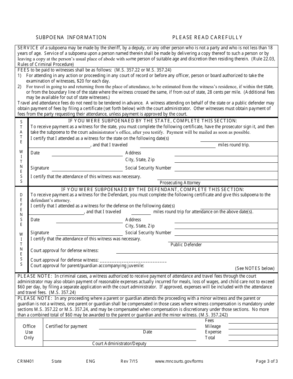 Form CRM401 Subpoena in a Criminal Case - Minnesota, Page 3
