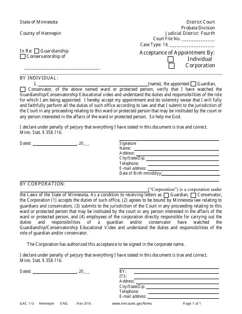 Form GAC1-U Acceptance of Appointment by Conservator / Guardian - County of Hennepin, Minnesota