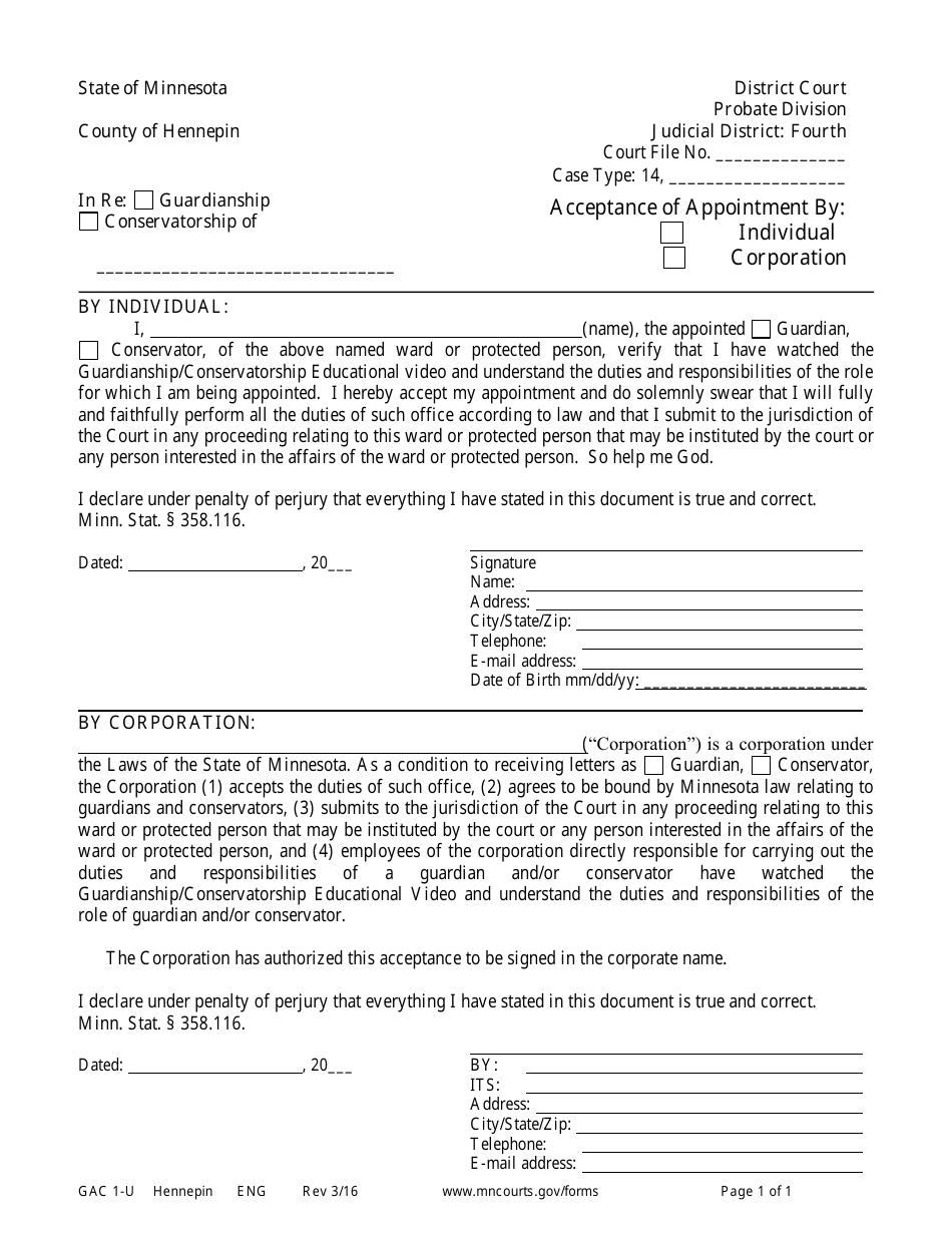 Form GAC1-U Acceptance of Appointment by Conservator / Guardian - County of Hennepin, Minnesota, Page 1