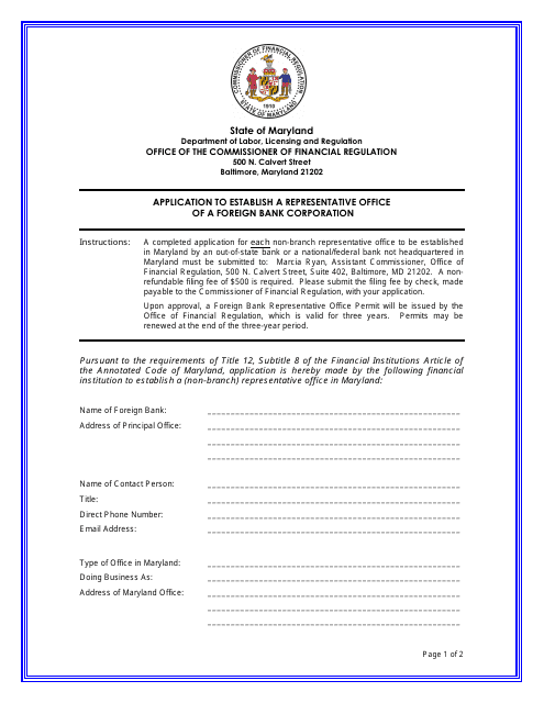 Application to Establish a Representative Office of a Foreign Bank Corporation - Maryland Download Pdf