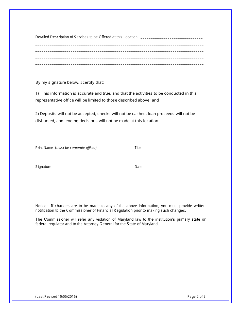 Application to Establish a Representative Office of a Foreign Bank Corporation - Maryland, Page 2