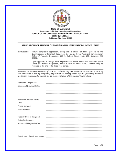 Application for Renewal of Foreign Bank Representative Office Permit - Maryland Download Pdf