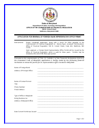 Application for Renewal of Foreign Bank Representative Office Permit - Maryland
