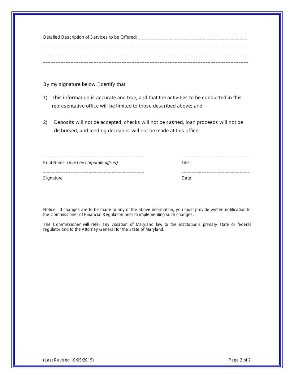 Application for Renewal of Foreign Bank Representative Office Permit - Maryland, Page 2