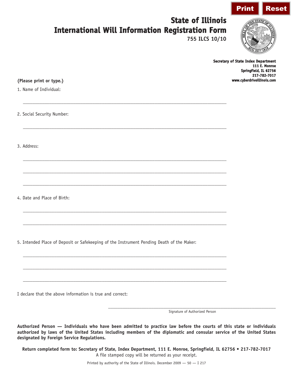 Form I217 International Will Information Registration Form - Illinois, Page 1