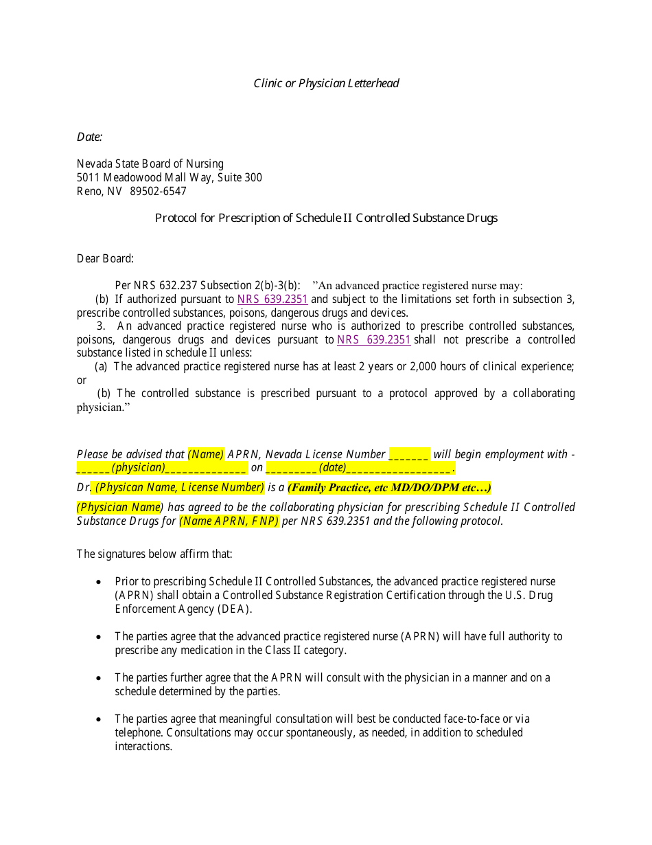 Nevada Protocol for Prescription of Schedule II Controlled Substance