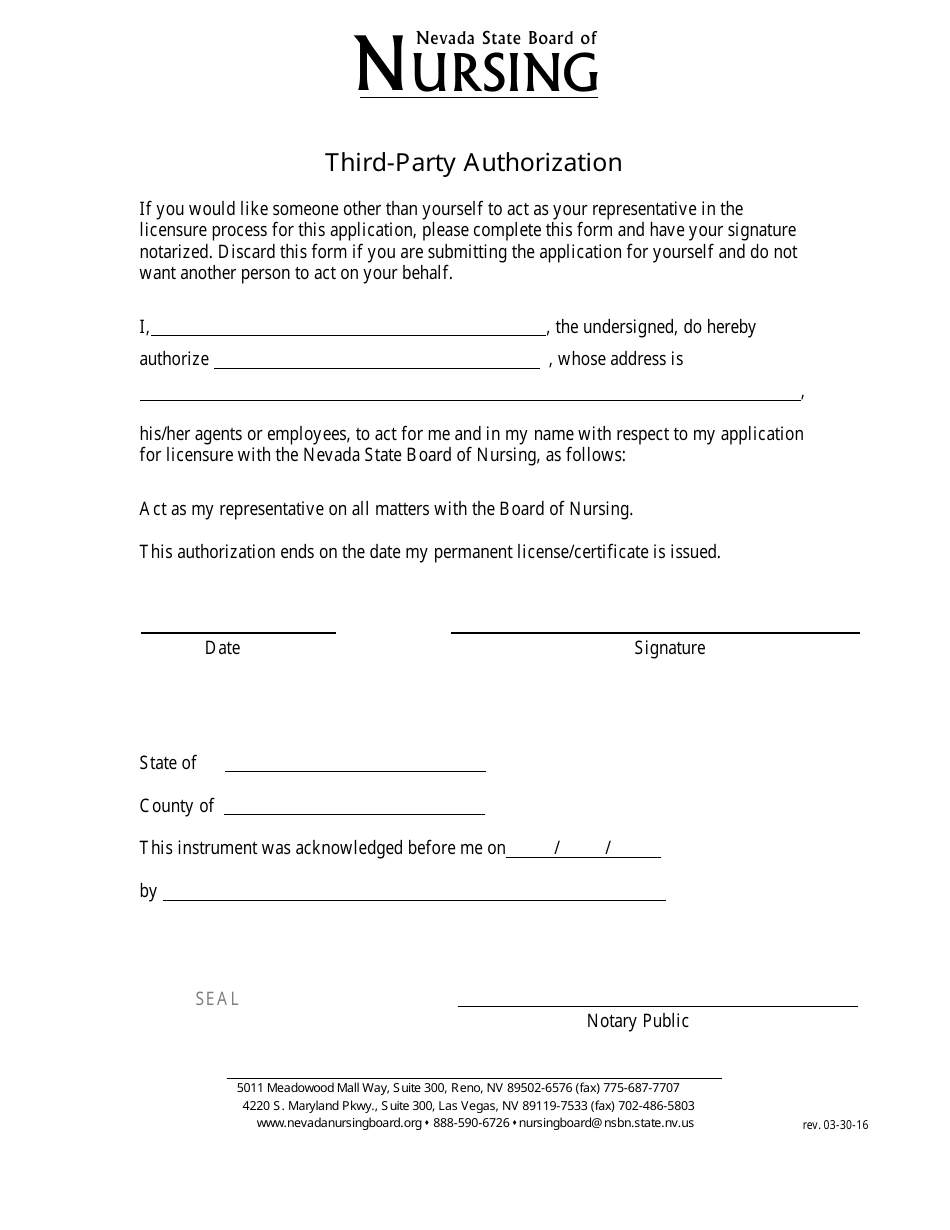 Third-Party Authorization Form - Nevada, Page 1